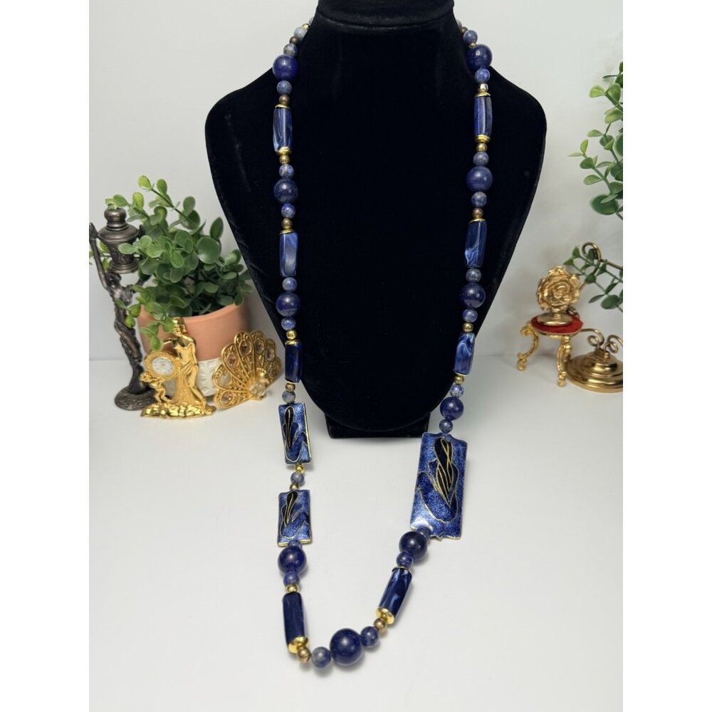 Unique Artisan Lapis Lazuli Beaded Necklace Enamel Panels Toggle Clasp - Picture 2 of 9